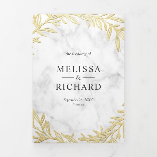 Witte Marmeren Gouden Bladtak Alles in één bruilof Drieluik Uitnodiging (Cover)