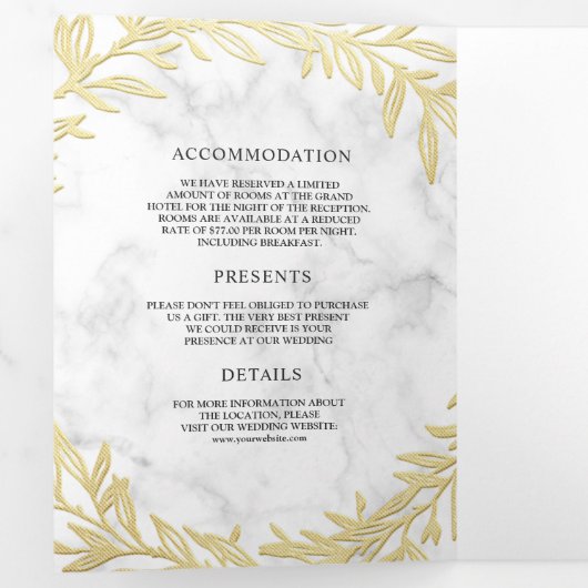Witte Marmeren Gouden Bladtak Alles in één bruilof Drieluik Uitnodiging (Binnenzijde eerst)