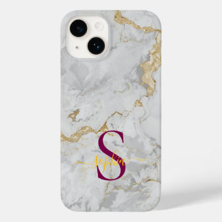 witte marmeren gouden glinsterend monogram Case-Mate iPhone 14 hoesje