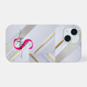 witte marmeren gouden lijnen monogram iPhone 15 case (Achterkant horizontaal)