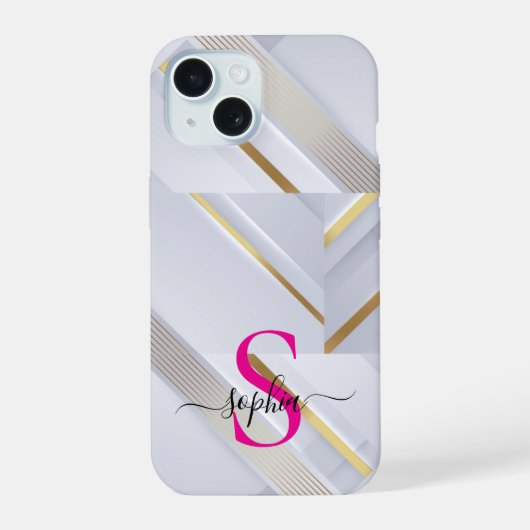 witte marmeren gouden lijnen monogram iPhone 15 case (Achterkant)