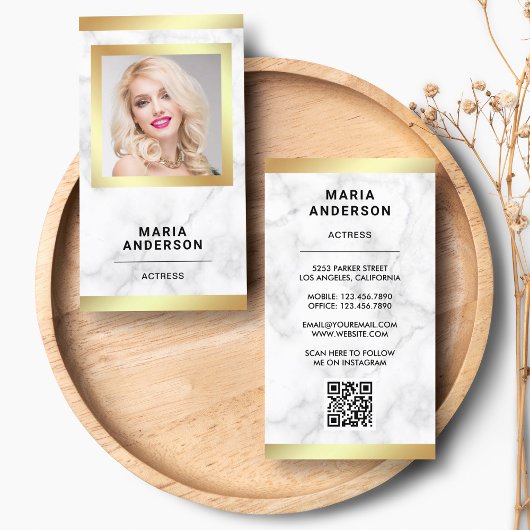 Witte Marmeren Gouden Model Actrice QR Code Foto Visitekaartje
