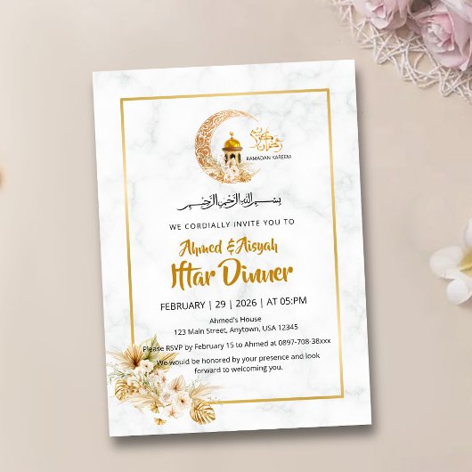 Witte Marmeren Islamitisch Design Iftar Kaart