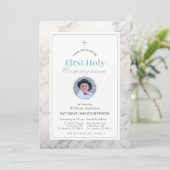 Witte marmeren jongen foto Eerste Heilige Communie Kaart (Staand voorkant)