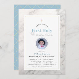 Witte marmeren jongen foto Eerste Heilige Communie Kaart