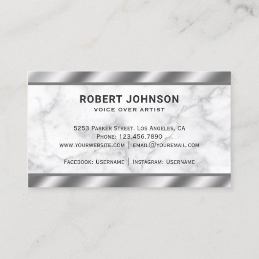 Witte Marmeren Metallic Microfoon Voice Over Artie Visitekaartje (Achterkant)