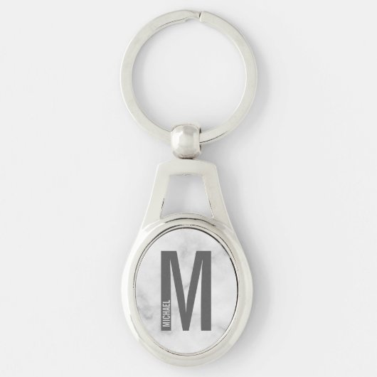 Witte marmeren moderne gepersonaliseerde monogram  sleutelhanger (Voorkant)