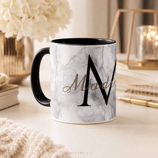 Witte marmeren mok met eigen naam en monogram