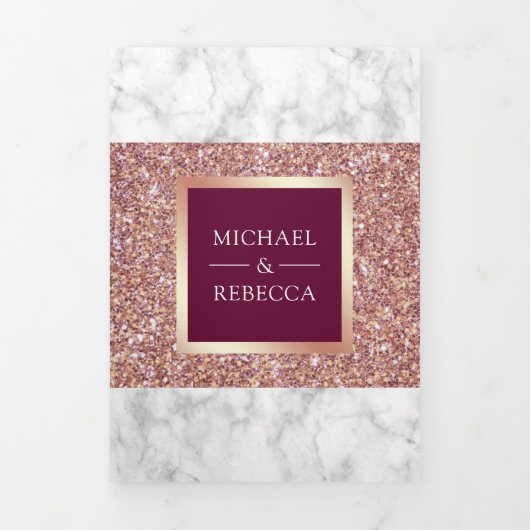 Witte Marmeren Roos Gouden Glitter Magenta Huwelij Drieluik Uitnodiging (Cover)