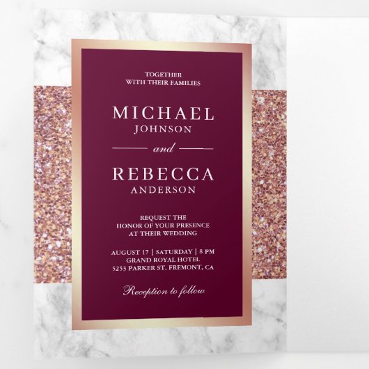 Witte Marmeren Roos Gouden Glitter Magenta Huwelij Drieluik Uitnodiging (Binnenzijde eerst)