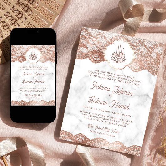 Witte marmeren roze gouden kant QR-code moslim bru Kaart