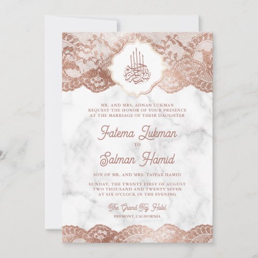 Witte marmeren roze gouden kant QR-code moslim bru Kaart (Voorkant)