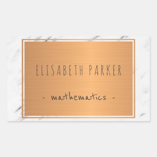 Witte marmeren steen met koperlabel jouw naam rechthoekige sticker (Voorkant)