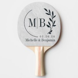 Witte marmeren stenen blad huwelijksmonogram tafeltennisbatje