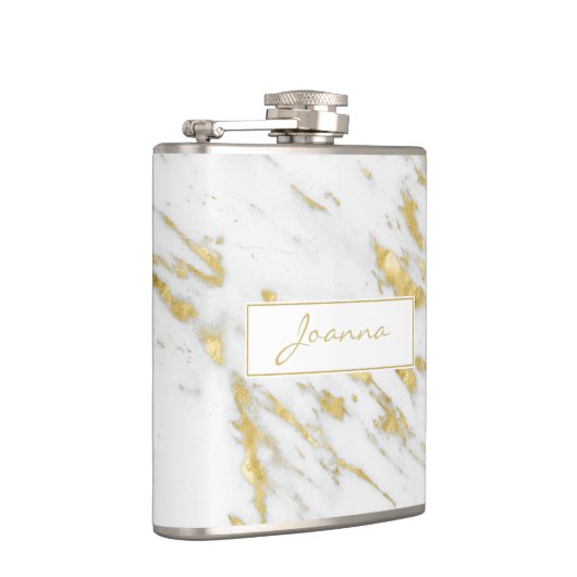 Witte marmeren stenen textuur en gouden glitter heupfles (Rechts)