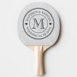 Witte marmeren stenen trouwmonogram hart tafeltennisbatje