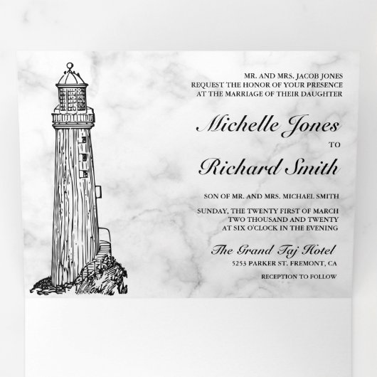 Witte Marmeren Vuurtoren Zeilboot Nautische bruilo Drieluik Uitnodiging (Binnenzijde eerst)