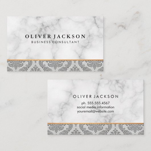 Witte marmeren witte lederen damast trim visitekaartje (Voorkant / Achterkant)