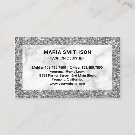 Witte Marmeren Zilveren Glitter Hoge Hakken Visitekaartje (Achterkant)