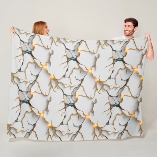 Witte marmerstructuur met gloeiende gouden aders fleece deken (In situ)