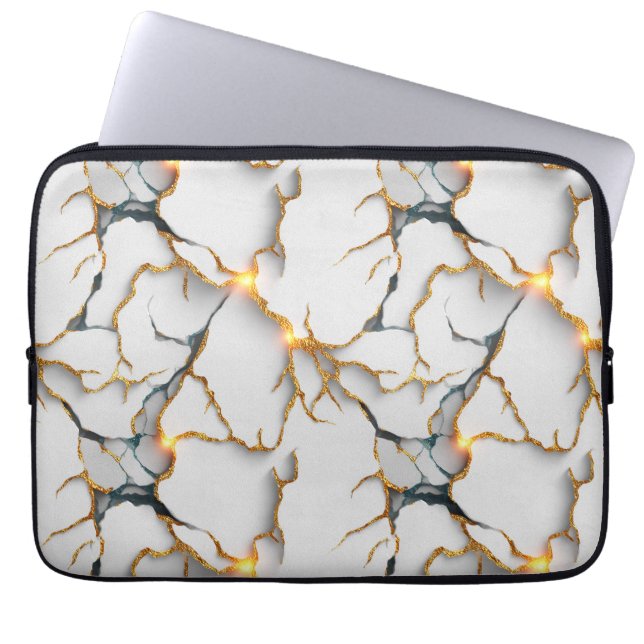 Witte marmerstructuur met gloeiende gouden aders laptop sleeve (Voorkant)