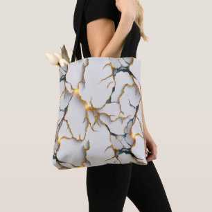 Witte marmerstructuur met gloeiende gouden aders tote bag