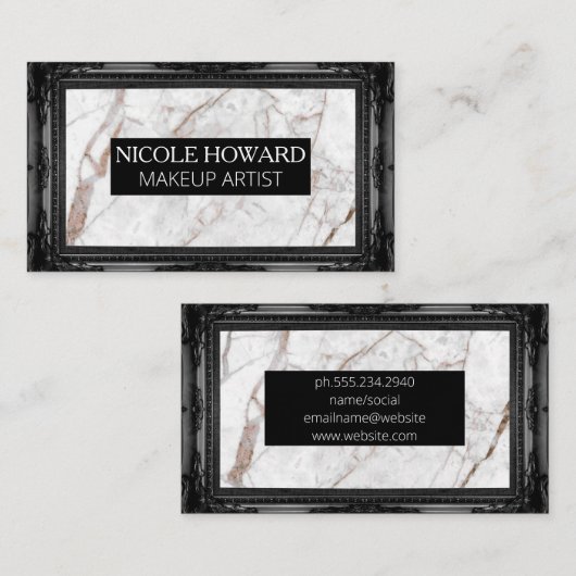 Witte marmertextuur | Fancy zwart Lijst Visitekaartje (Voorkant / Achterkant)