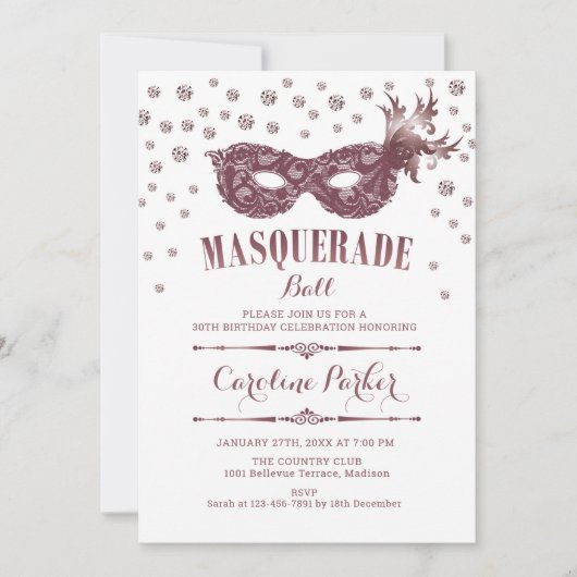 Witte Mauve Roze Masquerade Bal Verjaardagsfeest Kaart (Voorkant)