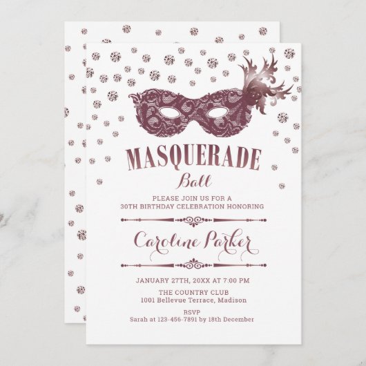 Witte Mauve Roze Masquerade Bal Verjaardagsfeest Kaart (Voorkant / Achterkant)