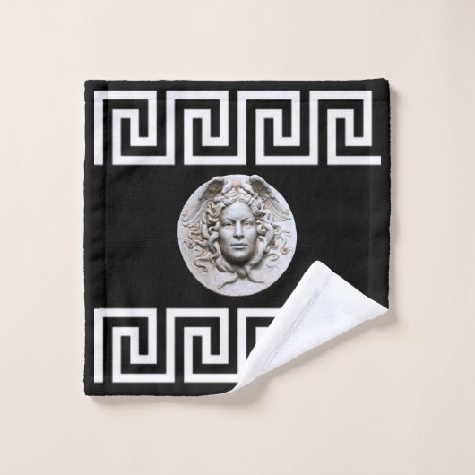 Witte Medusa Griekse Sleutel op Black Designer Bad Handdoek (Wasdoekje)