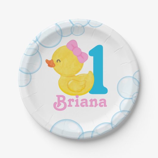 Witte Meisje Rubber Duck Gepersonaliseerde Verjaar Papieren Bordje (Voorkant)