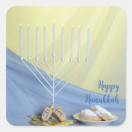 Witte Menorah Gouden Munten & Dreidels Happy Chano Vierkante Sticker