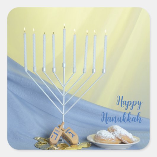 Witte Menorah Gouden Munten & Dreidels Happy Chano Vierkante Sticker (Voorkant)