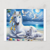 Witte merrie en veulen onder de maan briefkaart (Voorkant)