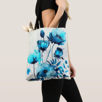 WITTE MET WATERVERF BLAUWE STROMEN TOTE BAG