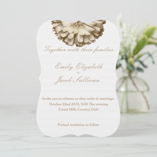 Witte minima met gouden zonnebloem geïnspireerd hu save the date (Staand voorkant)