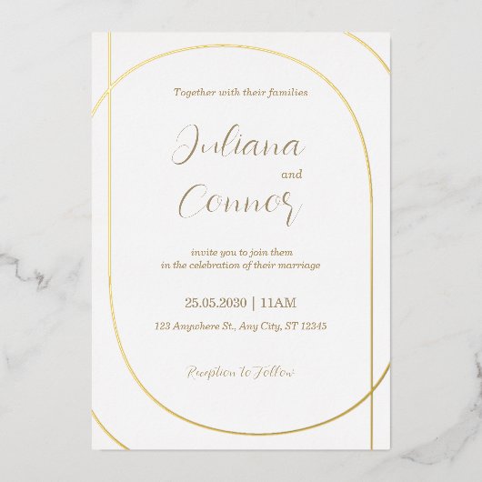Witte Minimaal Moderne Boog Bruiloft Goud Folie Uitnodiging (Voorkant)