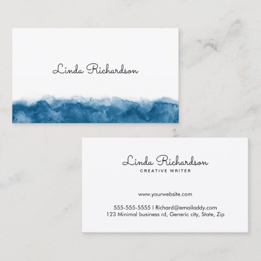 Witte, minimale, blauwe waterverf grens visitekaartje (Voorkant / Achterkant)