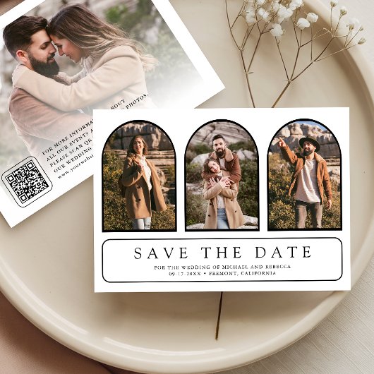 Witte Minimale Boog Foto Collage QR Code Trouwen Save The Date