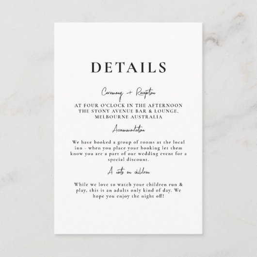 Witte minimalistische elegante bruiloft details informatiekaartje (Voorkant)