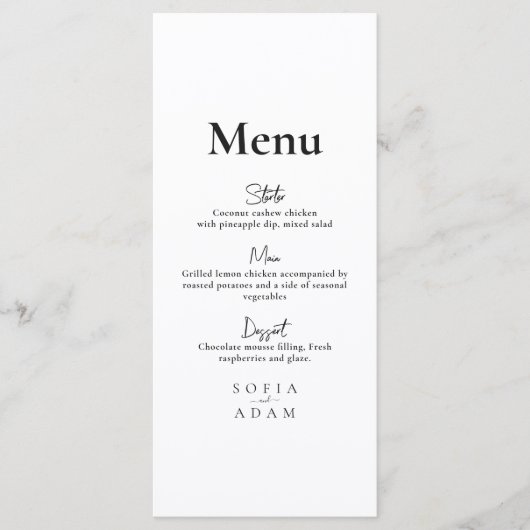 Witte minimalistische elegante bruiloft menu (Voorkant)