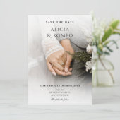 Witte minimalistische foto bruiloft save the date (Staand voorkant)
