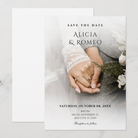 Witte minimalistische foto bruiloft save the date (Voorkant / Achterkant)