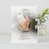 Witte minimalistische foto bruiloft save the date (Staand voorkant)