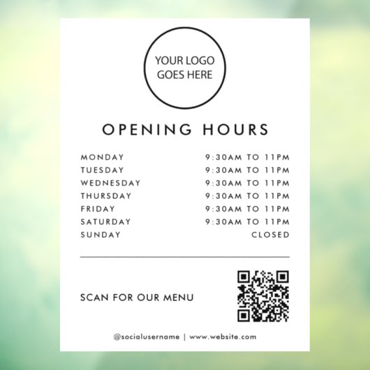 Witte minimalistische Logo openingstijden QR-code Raamsticker (Vel 3)