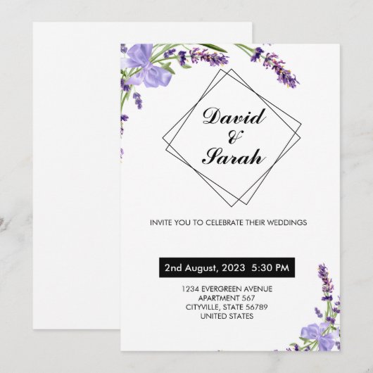 Witte minimalistische & moderne bruiloft paarse bl kaart (Voorkant / Achterkant)