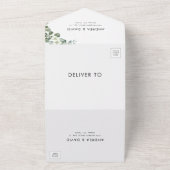 Witte Minimalistische Moderne Eucalyptus QR Code T All In One Uitnodiging (Buitenkant)