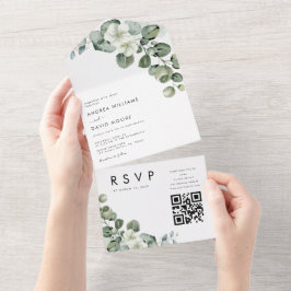 Witte Minimalistische Moderne Eucalyptus QR Code T All In One Uitnodiging