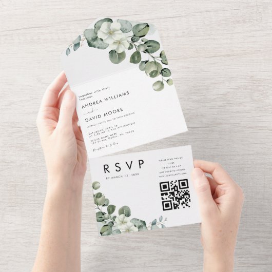 Witte Minimalistische Moderne Eucalyptus QR Code T All In One Uitnodiging (Afscheurbaar)