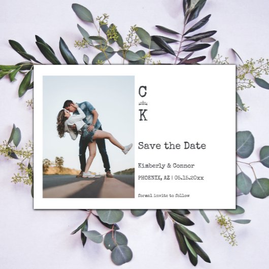 Witte Minimalistische Monogram Foto Save The Date